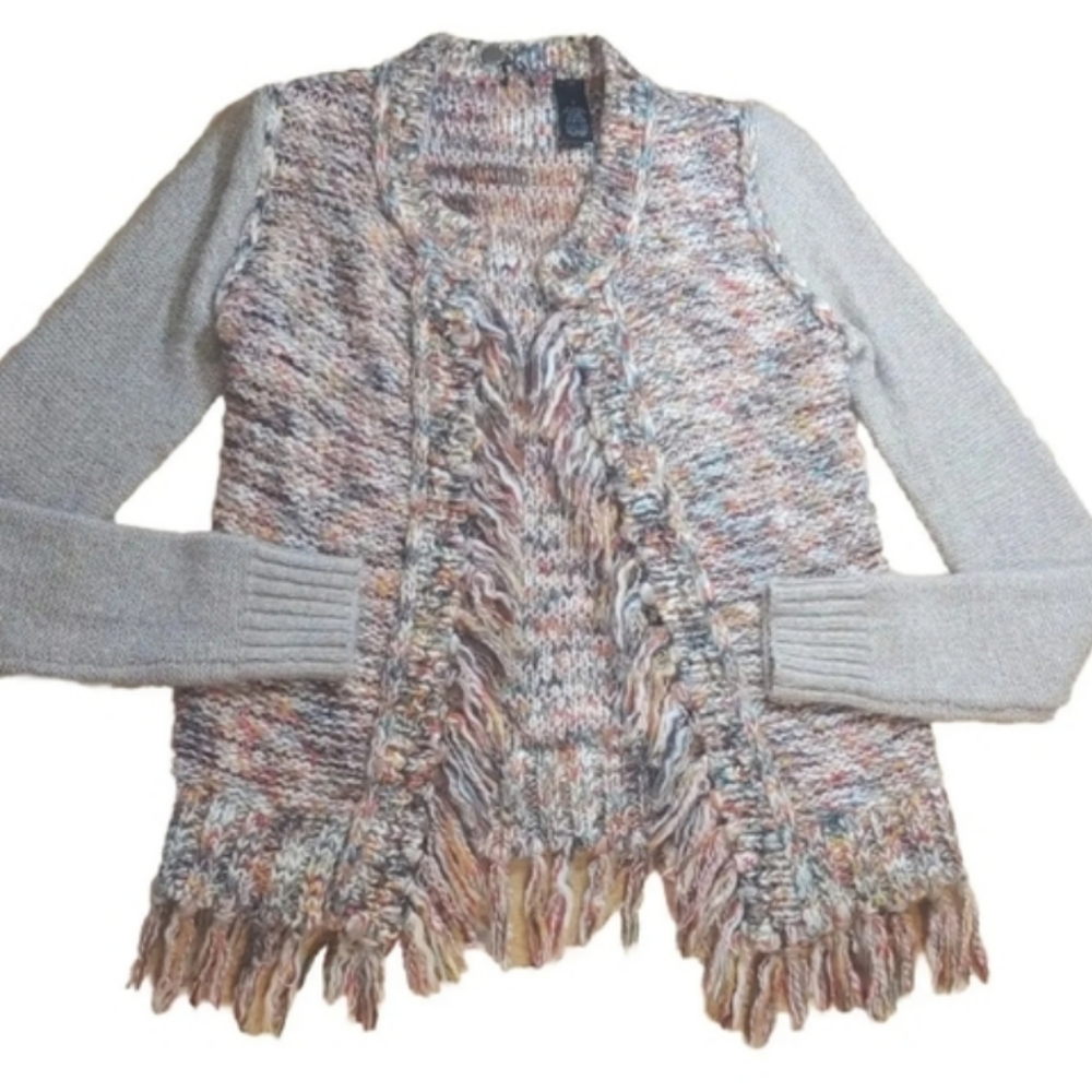 BKE Y2k Fringed Cardigan Wool Knit Sweater Western Coastal Fairy Granny Boho